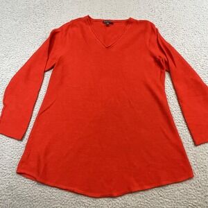 Eileen Fisher Sweater Tunic Womens Large Red 100% Merino Wool V Neck Knit Top